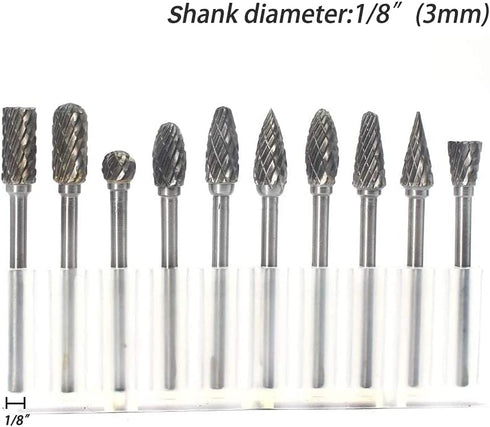 Carbide Burr Set - 10pcs Double Cut Solid Carbide Rotary Burrs, 3mm Shank for Woodworking and Metal Carving