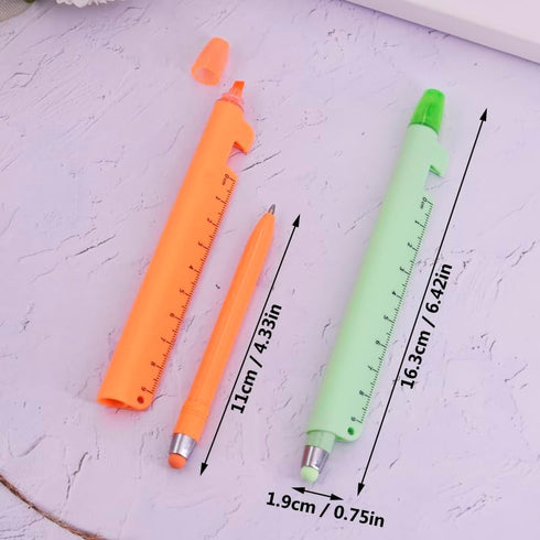 6 4-in-1 Highlighter9cm 6 PCS Multifunctional Pen - Blue Ink Ballpoint Pen, Ruler & Touch Screen Stylus, Assorted