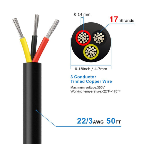 50FT 22AWG 22 Gauge 3 Conductor Electrical Wire, Black PVC Stranded Tinned Copper 3 Wire Cable, 22/3 Cord