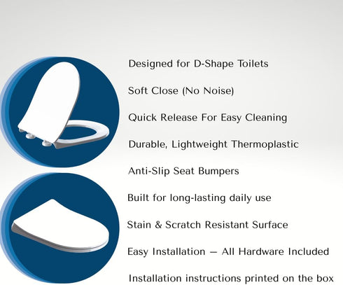 Generic Soft Close D-Shape Toilet Seat, Durable Thermoplastic Toilet Seat Cover with Quick Release Hinges, Easy