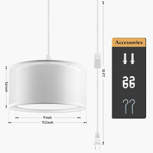 SLYYMY 15FT Plug in Pendant Light, White Cord Hanging Lights with Plug in Cord, Hanging Light with On/Off Switch