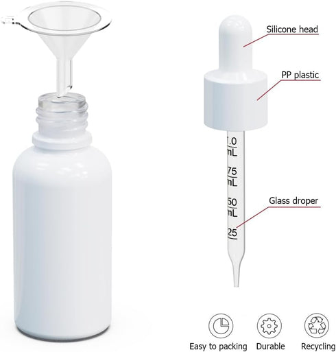 Pack of 12 (1oz) Empty Glass Dropper Bottles, White Coated with Funnels, 30ml Eye Dropper Bottles for Essential Oils,