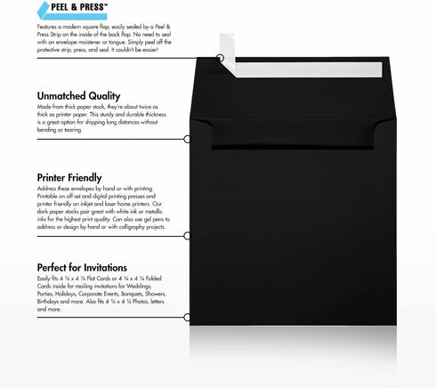 LUXPaper Square Invitation Envelopes, Peel & Press, 5" x 5", Black Linen, 80lb Text, 50 Qty