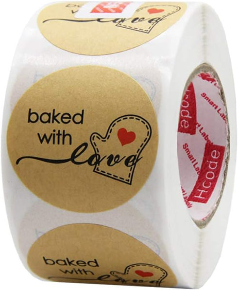 Hcode 500 Natural Kraft Paper Round Baked with Love Stickers, 1.5 Inch Adhesive Label (1 roll, Red Heart)
