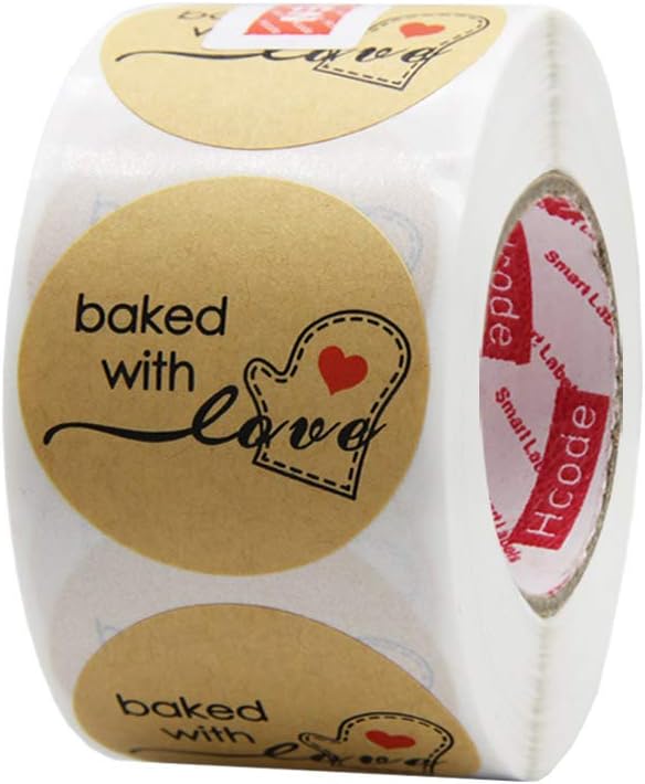 Hcode 500 Natural Kraft Paper Round Baked with Love Stickers, 1.5 Inch Adhesive Label (1 roll, Red Heart)