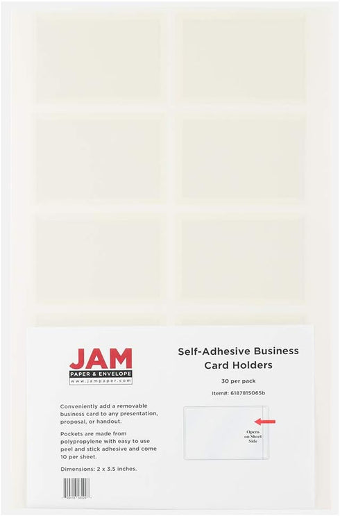 JAM PAPER Self-Adhesive Business Card Holders, Clear, 30 Label Pockets/Pack, 2 x 3 1/2