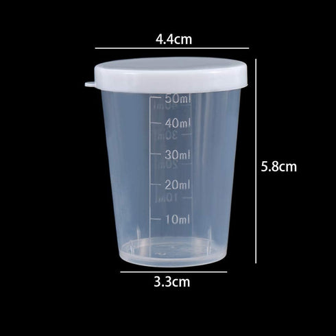 50ml Plastic Transparent Measuring Cups, Pack of 10 Clear Cups for Laboratory Test Calibration with Lid