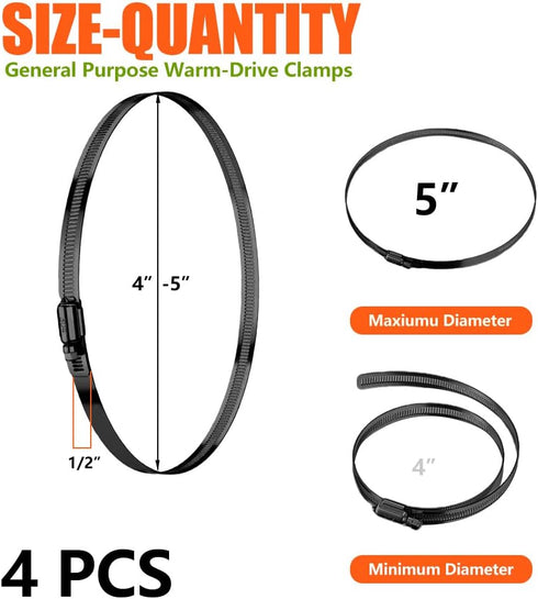 BOTTEN 4pcs Stainless Steel Hose Clamp, 4-5 Inch (105-127mm) Adjustable Worm Gear Assortment Kit