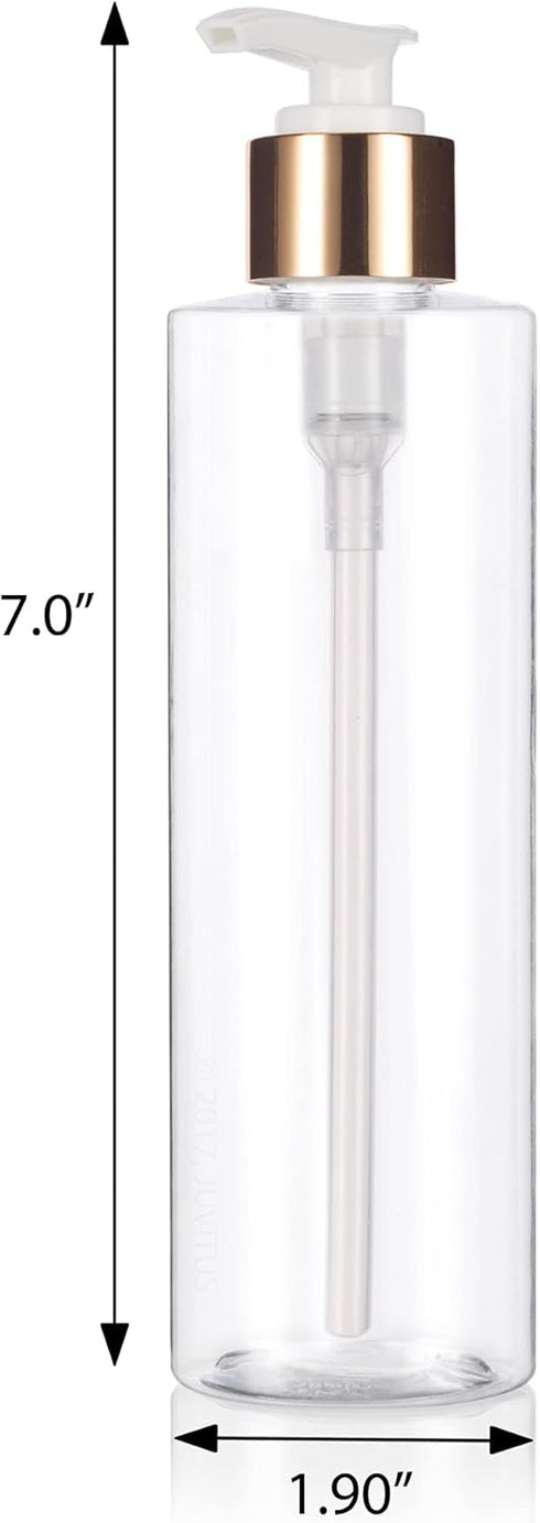 JUVITUS 8 oz Clear Cylinder PET Bottles with Gold Lotion Pump, 12 Pack