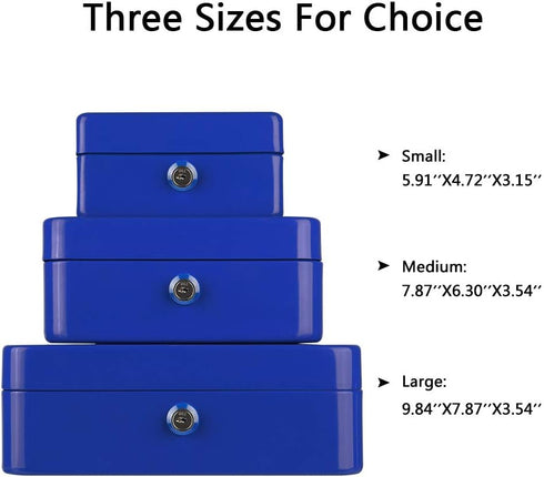 KYODOLED Cash Box with Money Tray, Storage Safe Lock Box with Key, Medium Blue Cash Drawer, 7.87"x6.30"x3.54"