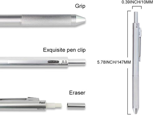 smttw 4 in 1 Multi-Function Refillable & Retractable Ballpoint Pen, Silver Metal Barrel with 0.5mm Mechanical Pencil