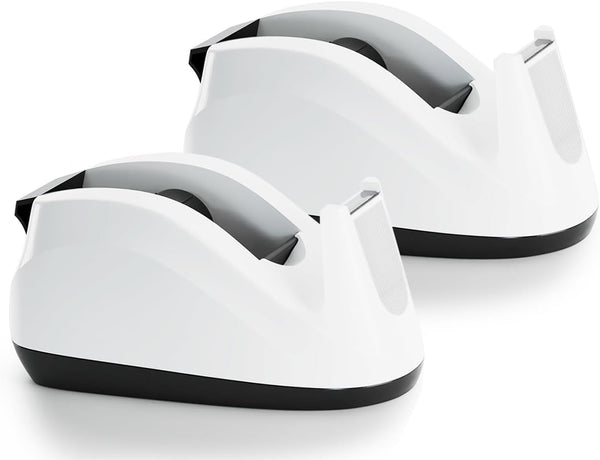 Heavy Base Nonskid Desk Tape Dispenser, One-Hand Dispensing, White (2 Pack)