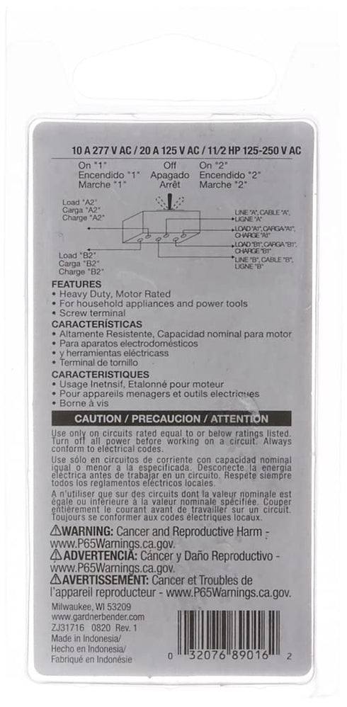 Gardner Bender GSW-16 Heavy-Duty Electrical Toggle Switch, DPDT, ON-(OFF)-ON, 20 A/125V AC, Screw Terminal