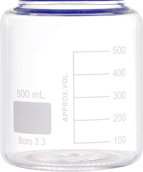 2 Pack 500ml Borosilicate Glass Wide Mouth Graduated Round Reagent Media Storage Lab Bottles with GL80 Blue Screw Cap