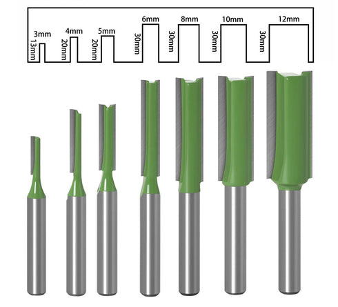 7pcs 1/4" Set, 3/4/5/6/8/10/12mm Trimming Shank Tungsten Carbide Double&Single Flute Straight Dado Router Bit Cutting