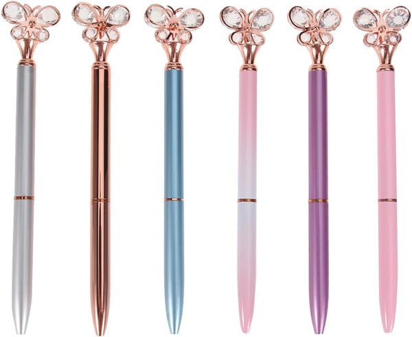 STOBOK Creative Ballpoint Pens, Diamond Butterfly Roller Ball Pens for School Office, Pack of 6
