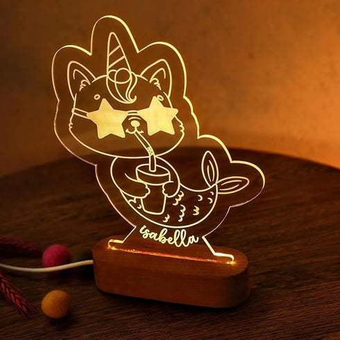 Personalized LED Night Light Custom Engraved Kawaii Animal Mermaid Lamp with Name Cute Unicorn Cat & Fox Light Kids