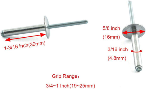 HJ Garden 60pcs Large Flange Aluminum Blind Rivet 3/16x1-3/16inch(4.8x30mm) Open End Fastener Nails Core Pulling Rivets