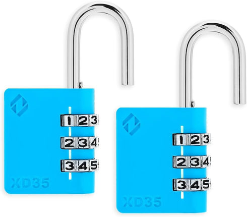 XD35 3-Digit Combination Lock, Padlock for School, Gym, Locker, Toolbox, Outdoor Storage (2-Pack, Blue)