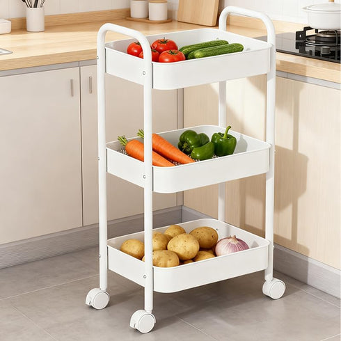 Vamelia 3-Tier Rolling Utility Cart Metal Cart with Lockable Wheels for Office, Living Room, Kitchen, White