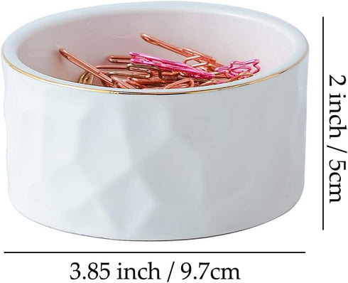 Paper Clip Holder Ceramic Round Paper Clips Dispenser for Desk Cute,Gold Line Office Binder Clips Dispenser Organizer (White)