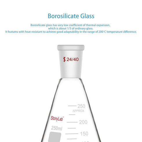 StonyLab 250ml Glass 24/40 Erlenmeyer Flask, Borosilicate Heavy Wall Flask with 24/40 Standard Taper Joint