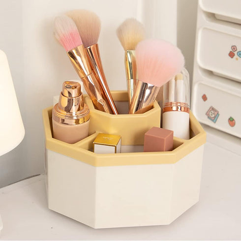 kaileyouxiangongsi 360-Degree Rotating Desk Organizer, 5 Compartments, Multi-Functional Storage Box, White+Yellow