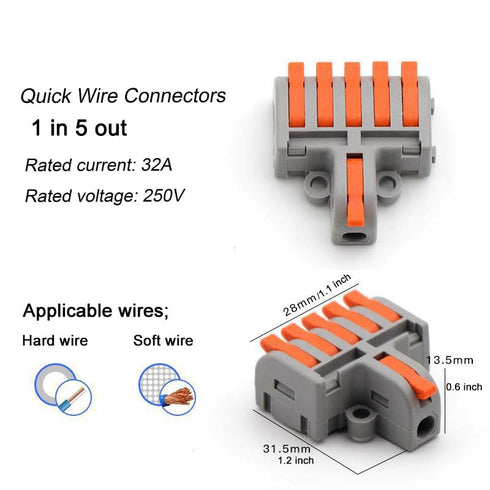 Wire Connectors, Compact Lever Wire Nuts Connectors 1 in 5 out for Quick Connect 28-12 AWG 5PCS