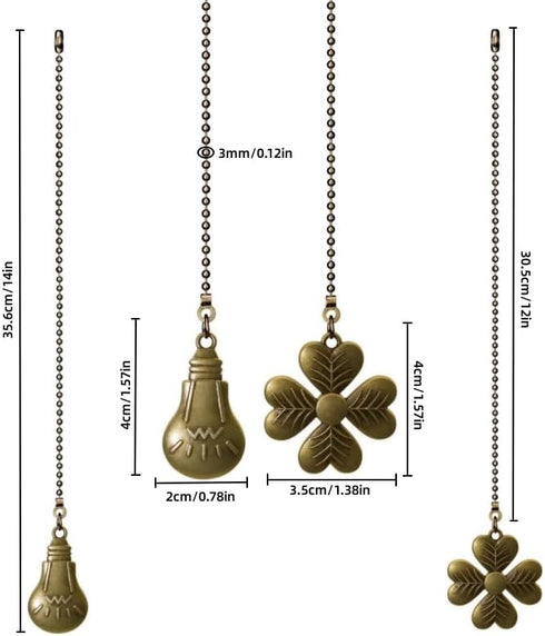 Ceiling Fan Pull Chain Set, 2 Pcs Bulb and four-leaf Pattern Pull Chain Extension Fan Pull Chain Pendant 12 Inch Ceiling Fan Chain Extender with Ball Fan Chains Connector (Bronze) by LuoQiuFa