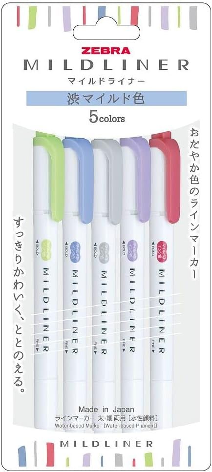 Zebra Mildliner WKT7-5C-NC-N, Astringent Mild Color Water-based, Set of 5 Colors