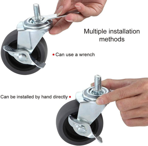 Caster Wheels Set of 4, 3" Locking Swivel Stem Casters with Brake, Rubber Casters with 360 Degree No Noise