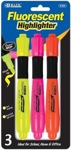 BAZIC 2325 Desk Style Highlighters with Cushion Grip, Fluorescent (3/Pack)