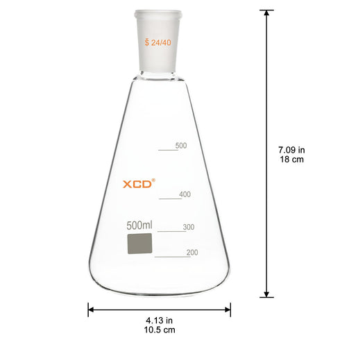 XCD Erlenmeyer Flask, Heavy Wall Borosilicate Glass Erlenmeyer Flask with 24/40 Standard Taper Outer Joint, 500 ml