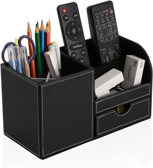 KINGFOM Black Desk Organizer Caddy, Pu Leather Multi-function Storage Box for Pen/Pencil, Cell Phone, Business Cards,