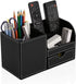 KINGFOM Black Desk Organizer Caddy, Pu Leather Multi-function Storage Box for Pen/Pencil, Cell Phone, Business Cards,