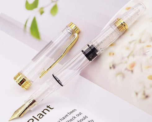 Lanxivi Yongsheng 3011 Demonstrator Clear Classical Fountain Pen, Fine Nib, Piston Filling System, Set of 4
