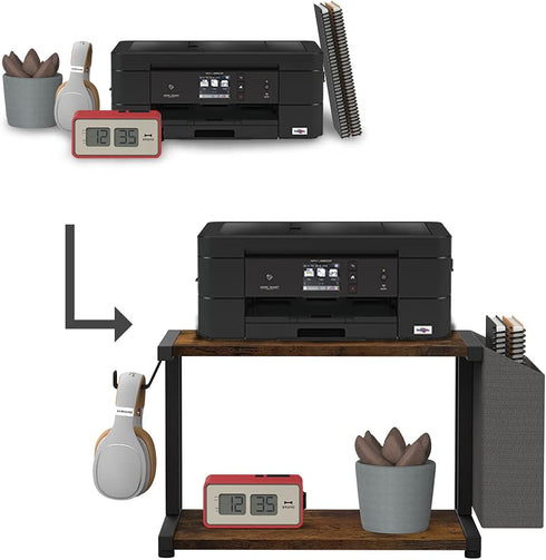 VEDECASA 2 Tier Rustic Brown Wooden Under Desk Printer Stand with Storage Bag, Mobile Printer Shelf Cart with Caster
