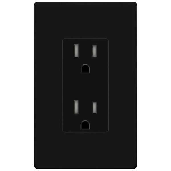 ENERLITES Black Decorator Receptacle with Screwless Wall Plate, 15A 125V, Self-Grounding, UL Listed