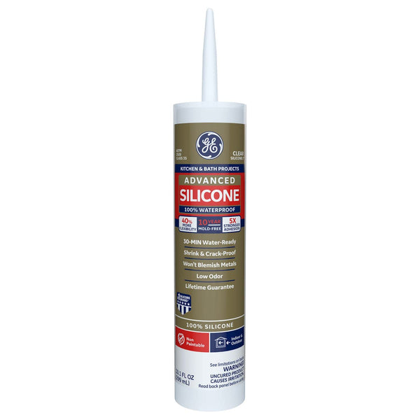 GE Advanced Silicone Caulk, 100% Waterproof, 10 oz Cartridge, Clear, for Kitchen & Bathroom