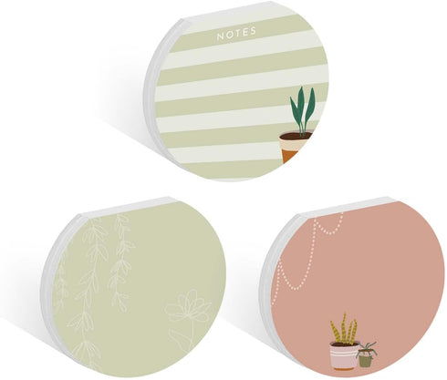 Plant Theme Sticky Note Pad Assortment, Set of 3 Round Flat Top Plant Lady Note Pads, 50 Sheets Per Pad