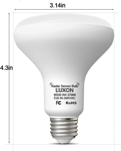 LUXON 9W BR30 Radar Motion Sensor Light Bulbs, Dusk to Dawn 90W Equivalent, Indoor Outdoor Auto On/Off E26 Base