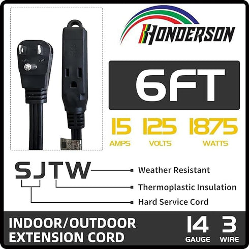 HONDERONS 6FT 3 Outlets Black Extension Cord with Flat Plug, 14/3 SPT-3 Extension Cable 3 Prong Grounded, Durable Power Cable for Home, Office