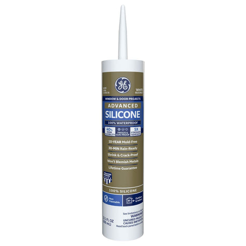 GE Advanced Silicone Caulk for Window & Door, 100% Waterproof Sealant, 10 oz Cartridge, White