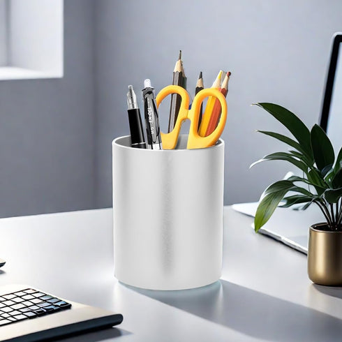 Metal Pen Holder for Desk, Round Aluminum Makeup Brush and Pencil Cup, Organizer for Office, Home, School (Silver)