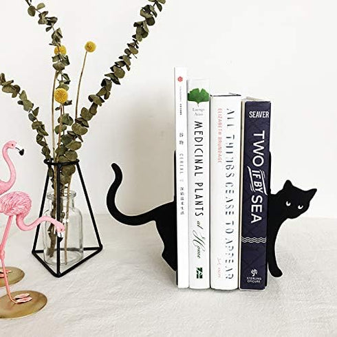 MsFun Books Ends Decorative, Cat Bookends Cute for Bookshelf,Unique Heavy Books Holder, Black Office Decor Cat Desk