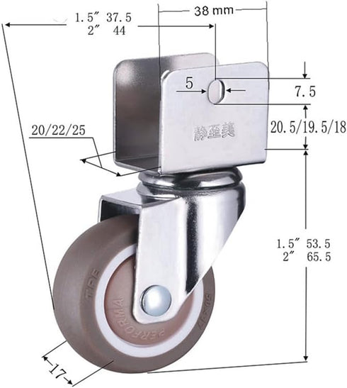Kolloee 1Pcs 1.5" 2'' 20 22 25mm Brake,2inch Panel25mm) Wheel Universal TPR Swivel Caster Rubber Wheels for Trolley
