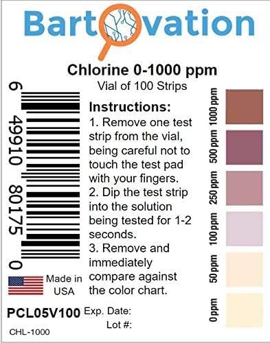Free Chlorine/Bleach Test Strips, 0-1000 ppm, Vial of 100 Strips