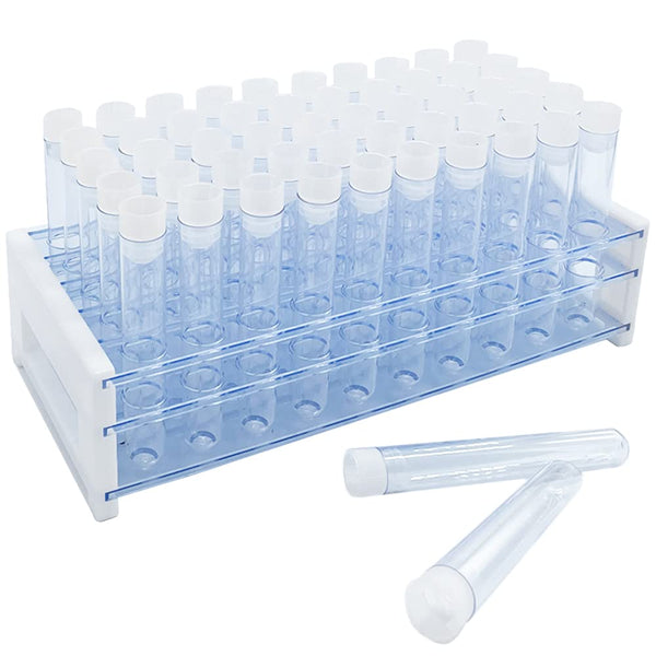 50Pcs Clear Plastic Test Tubes with Rack, 16 x 100mm Tubes with Caps for Scientific Experiments and Storage