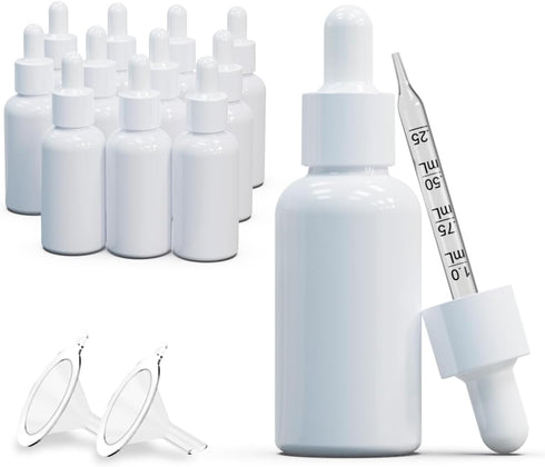 Pack of 12 (1oz) Empty Glass Dropper Bottles, White Coated with Funnels, 30ml Eye Dropper Bottles for Essential Oils,