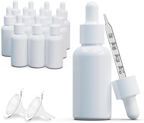 Pack of 12 (1oz) Empty Glass Dropper Bottles, White Coated with Funnels, 30ml Eye Dropper Bottles for Essential Oils,